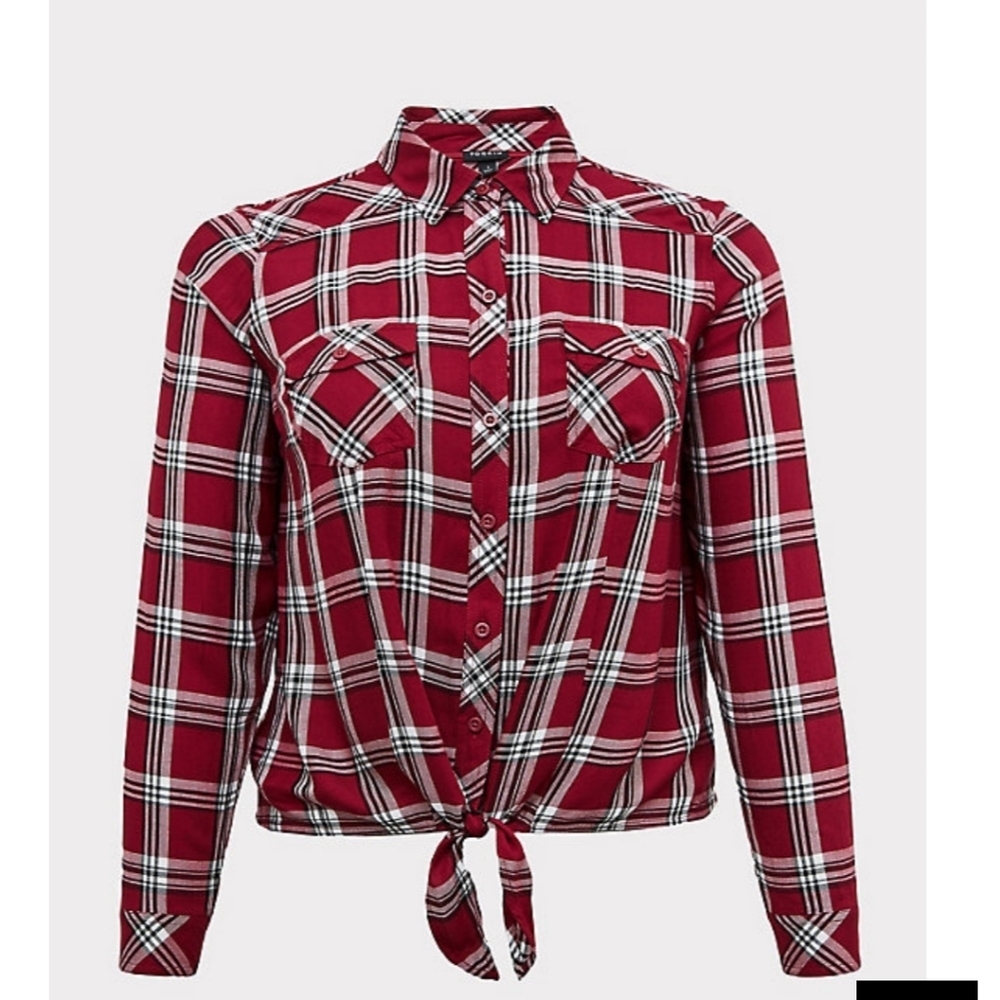 🆕 3X RED PLAID TWILL TIE FRONT SLIM FIT MIDI SHIRT